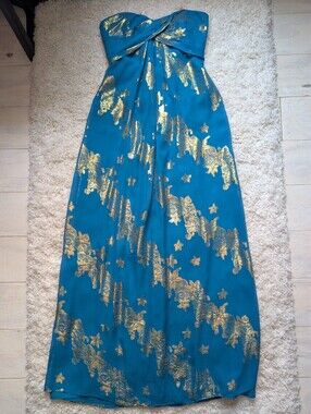 nicole miller blue and gold dress | Dresses | Nicole Miller Strapless Stretch Metal Gown Sz 4 aims360mapped